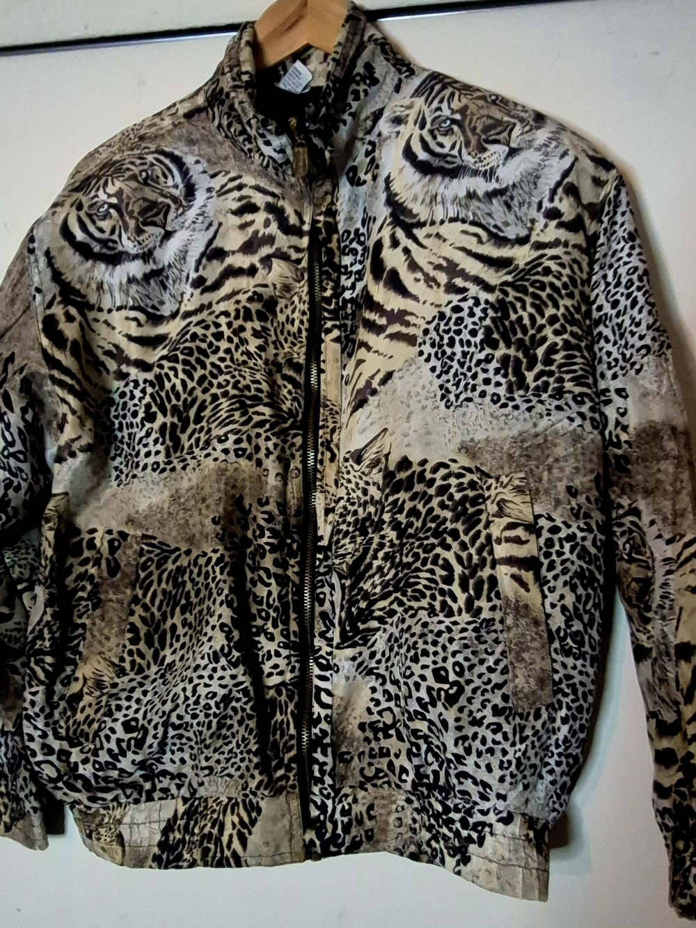 Vintage FUDA International 100% Silk Tiger Leopard Bomber Jacket S